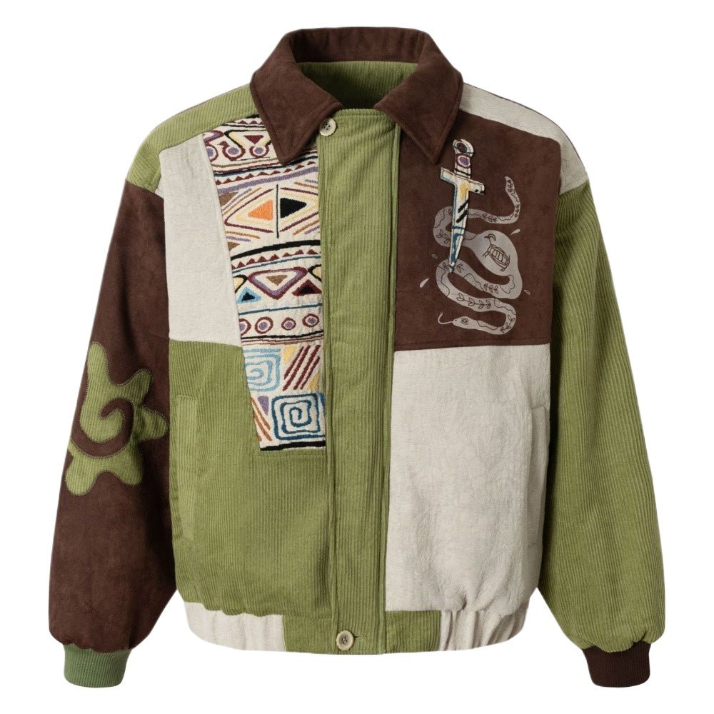 Jacquard Patchwork Corduroy Lapel Cotton Jacket - Thrashink