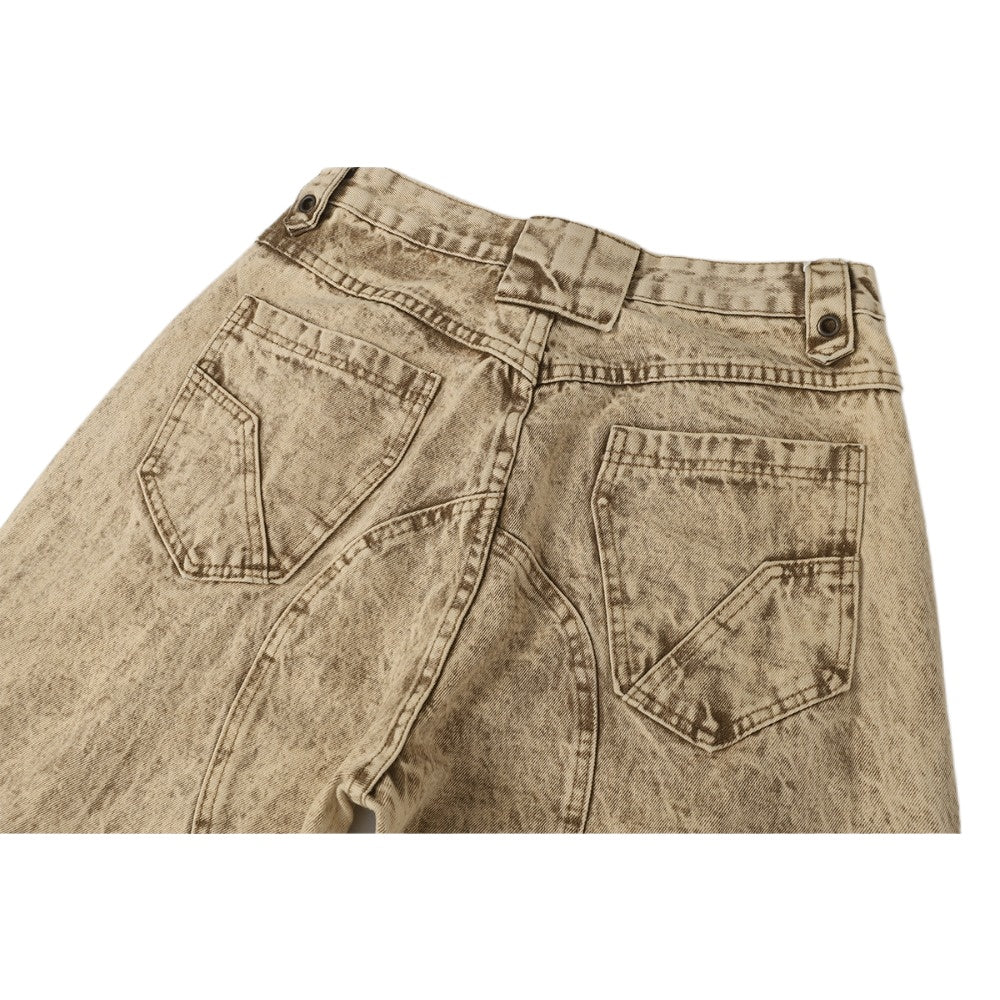 Khaki Grunge Washing Fray Damage Wide Jeans - Thrashink