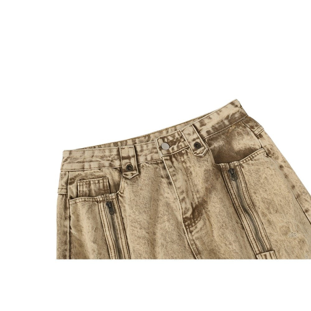 Khaki Grunge Washing Fray Damage Wide Jeans - Thrashink