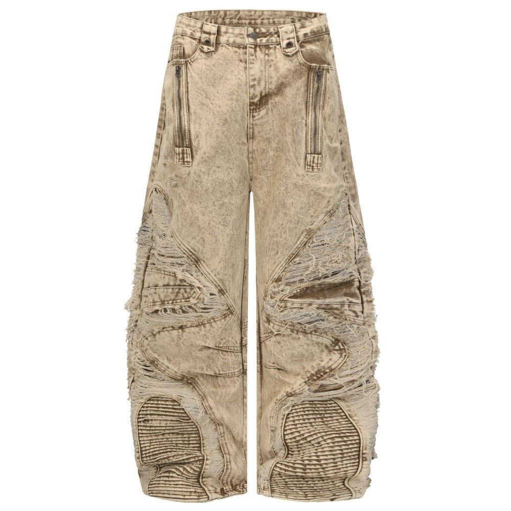 Khaki Grunge Washing Fray Damage Wide Jeans - Thrashink