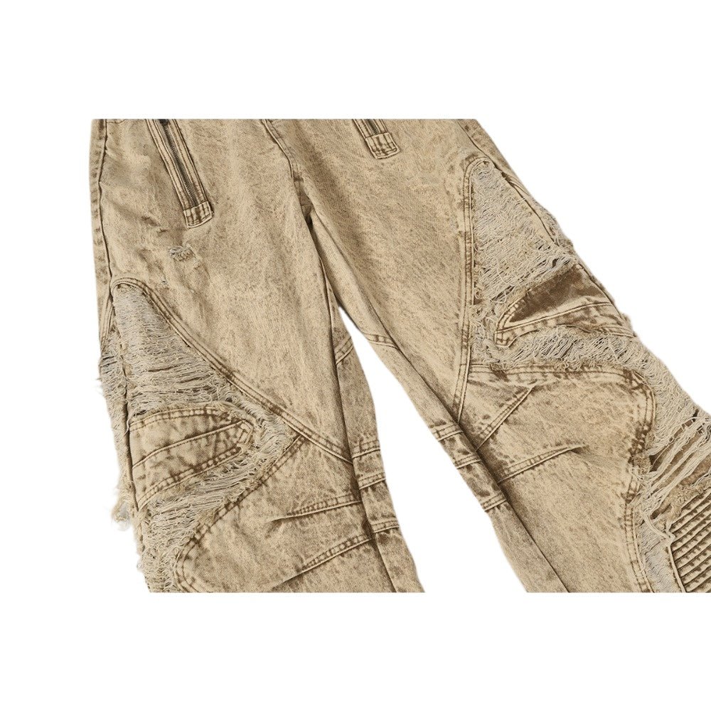 Khaki Grunge Washing Fray Damage Wide Jeans - Thrashink
