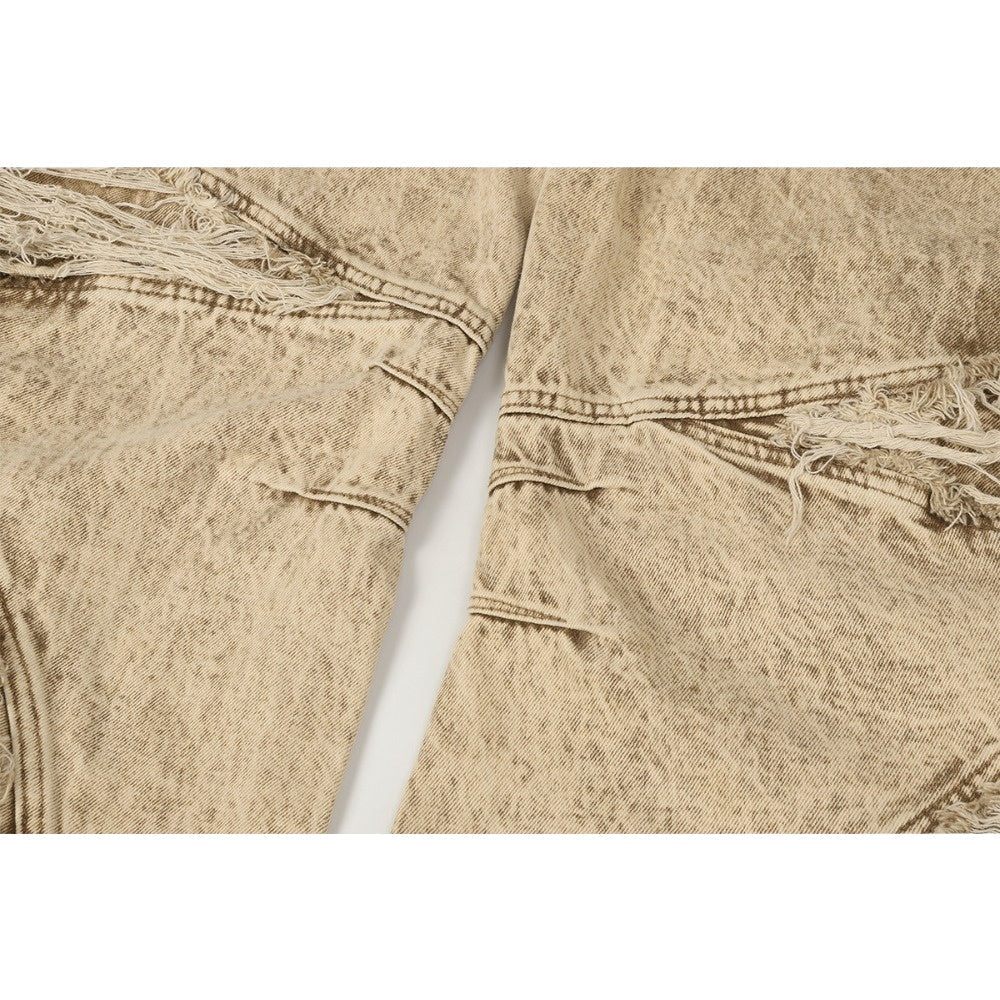 Khaki Grunge Washing Fray Damage Wide Jeans - Thrashink