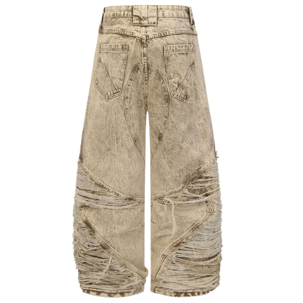 Khaki Grunge Washing Fray Damage Wide Jeans - Thrashink