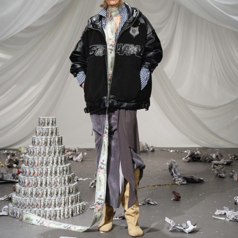 Lamb Wool and Leather Patchwork Cotton Jacket - Thrashink