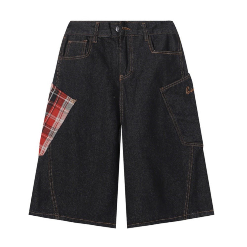 Large Pocket Checkered Denim Capri Pants - Thrashink