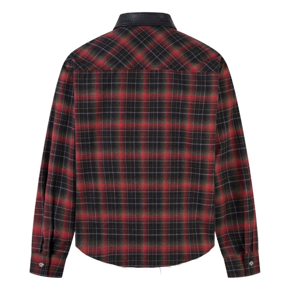 Leather Trimmed Plaid Long Sleeve Shirt - Thrashink