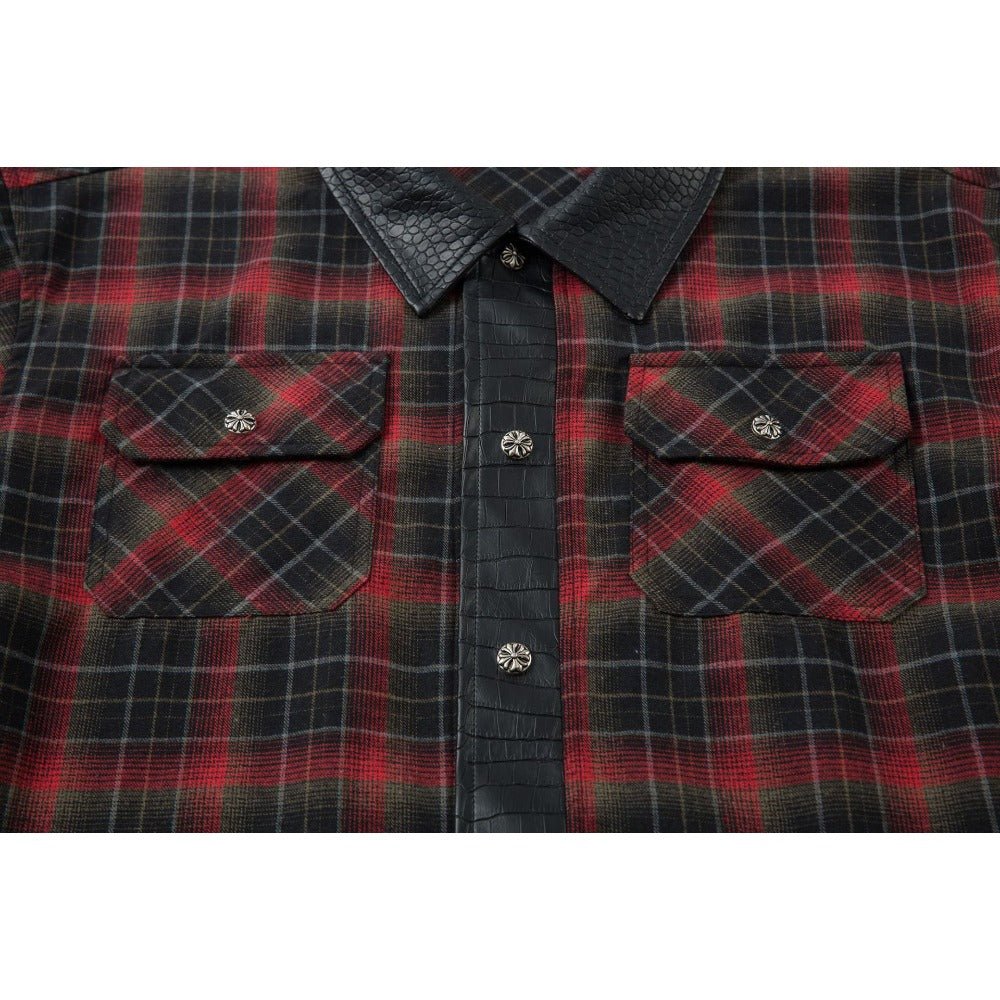 Leather Trimmed Plaid Long Sleeve Shirt - Thrashink