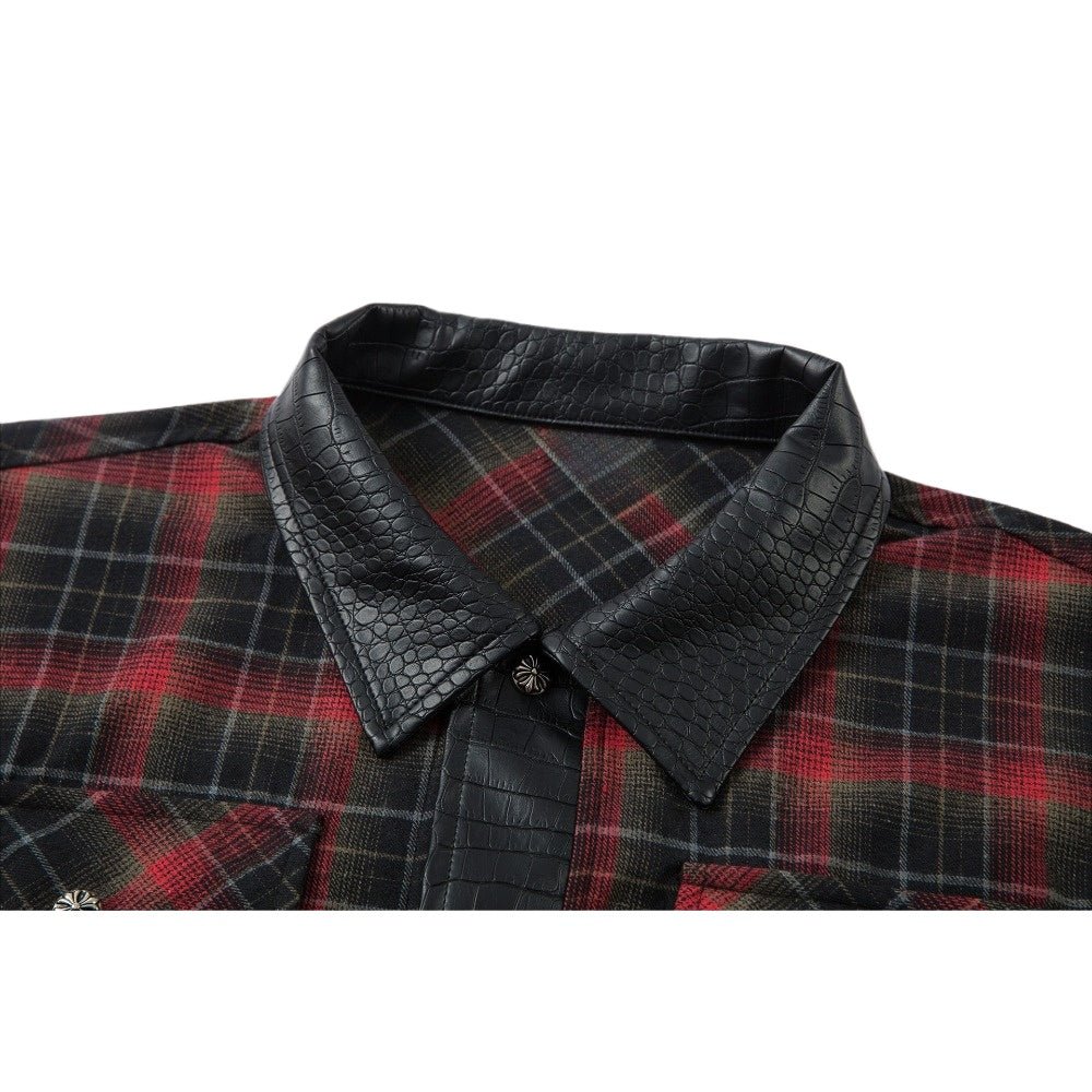 Leather Trimmed Plaid Long Sleeve Shirt - Thrashink
