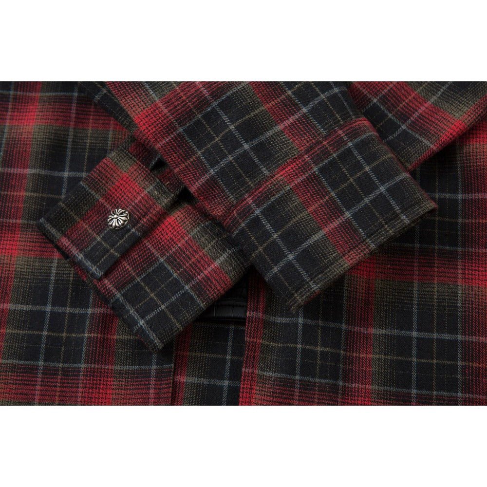 Leather Trimmed Plaid Long Sleeve Shirt - Thrashink