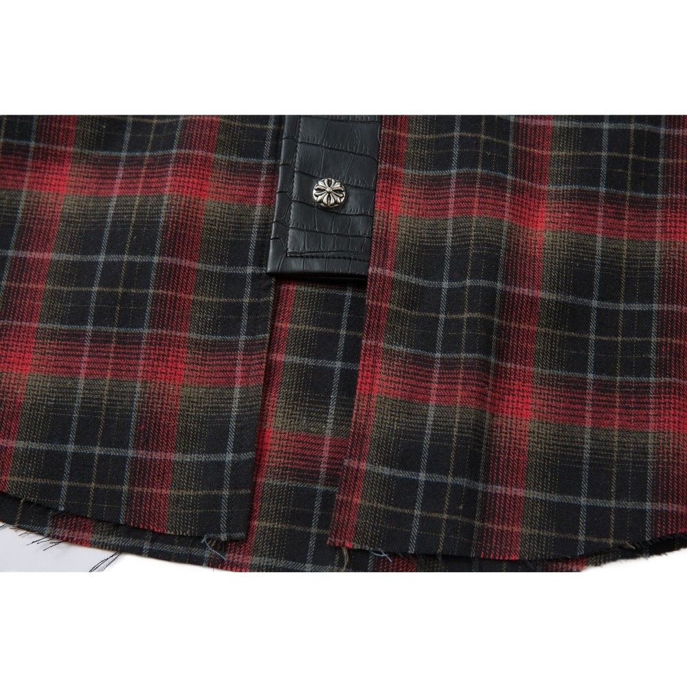 Leather Trimmed Plaid Long Sleeve Shirt - Thrashink