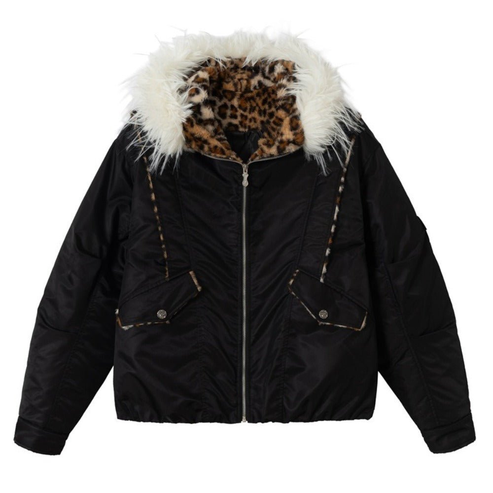 Leopard Lined Faux Fur Hooded Padded Jacket - Thrashink