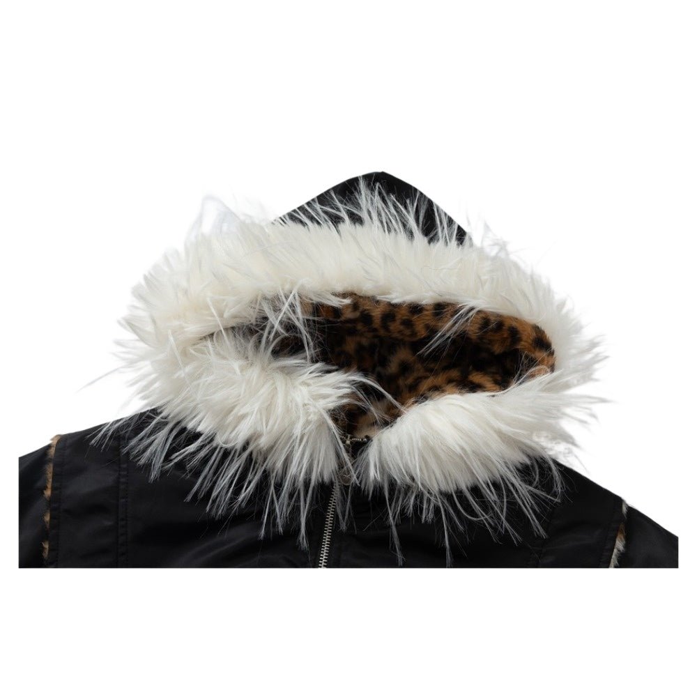 Leopard Lined Faux Fur Hooded Padded Jacket - Thrashink