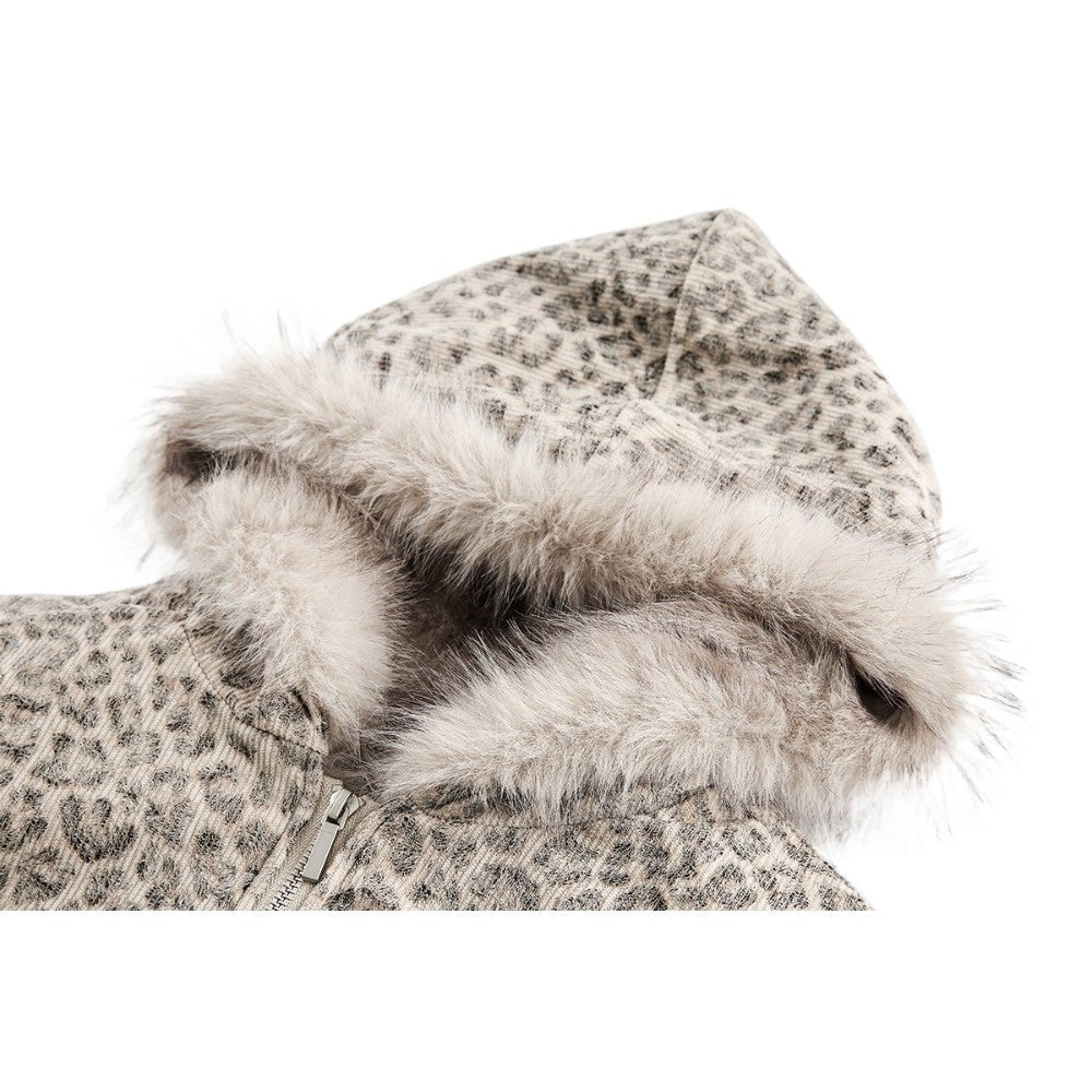 Leopard Print Faux Fur Collar Bomber Jacket - Thrashink