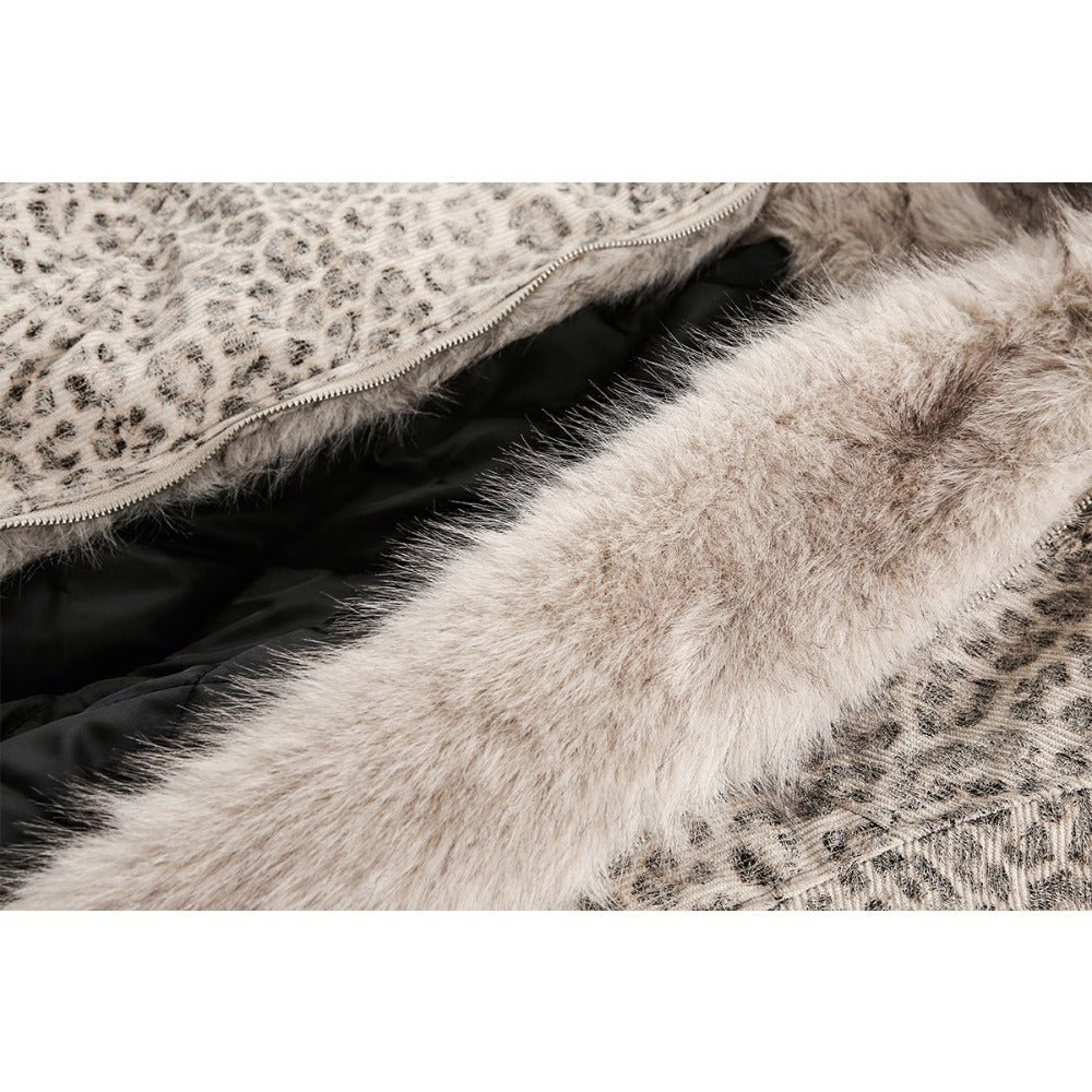 Leopard Print Faux Fur Collar Bomber Jacket - Thrashink