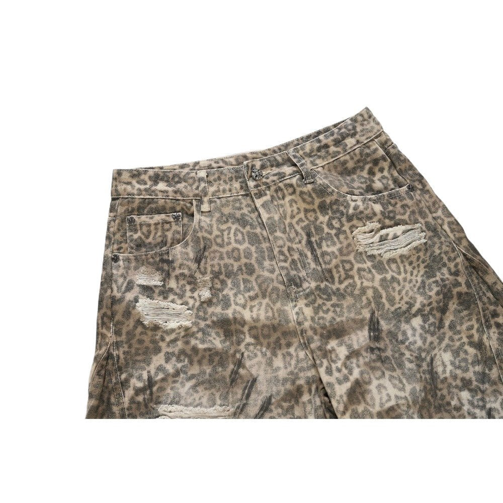 Leopard Print Ripped Wide - leg Jeans - Thrashink