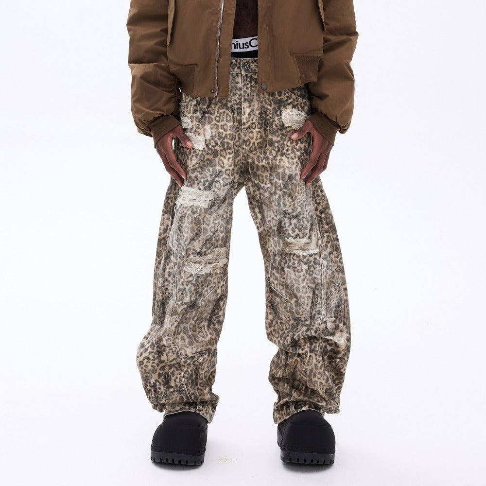 Leopard Print Ripped Wide - leg Jeans - Thrashink