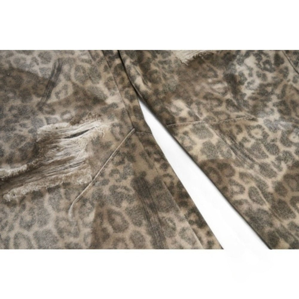 Leopard Print Ripped Wide - leg Jeans - Thrashink