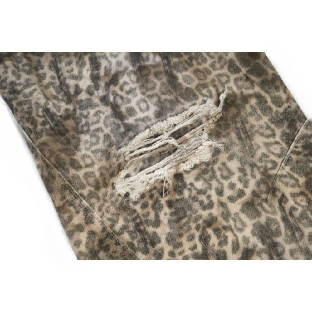 Leopard Print Ripped Wide - leg Jeans - Thrashink