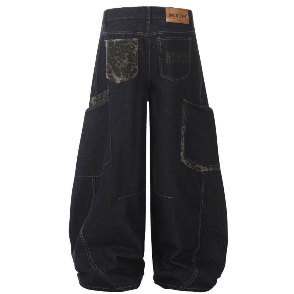 Leopard - printed Patchwork Baggy Jeans - Thrashink