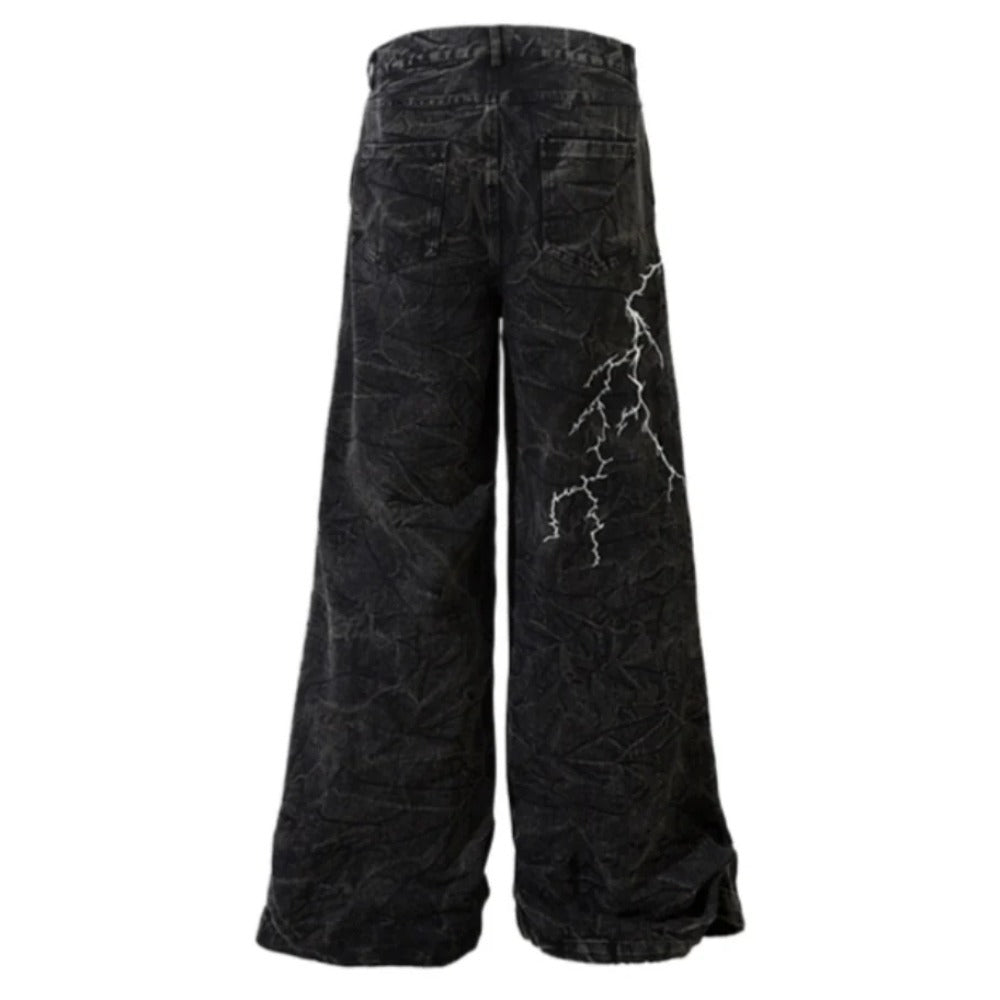 Lightning Embroidered Straight Leg Jeans - Thrashink