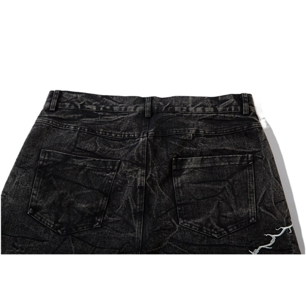 Lightning Embroidered Straight Leg Jeans - Thrashink