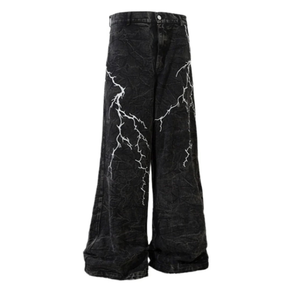 Lightning Embroidered Straight Leg Jeans - Thrashink
