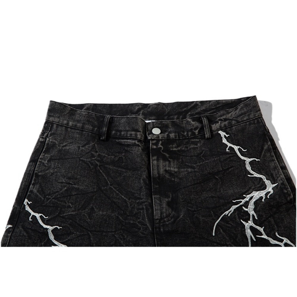 Lightning Embroidered Straight Leg Jeans - Thrashink