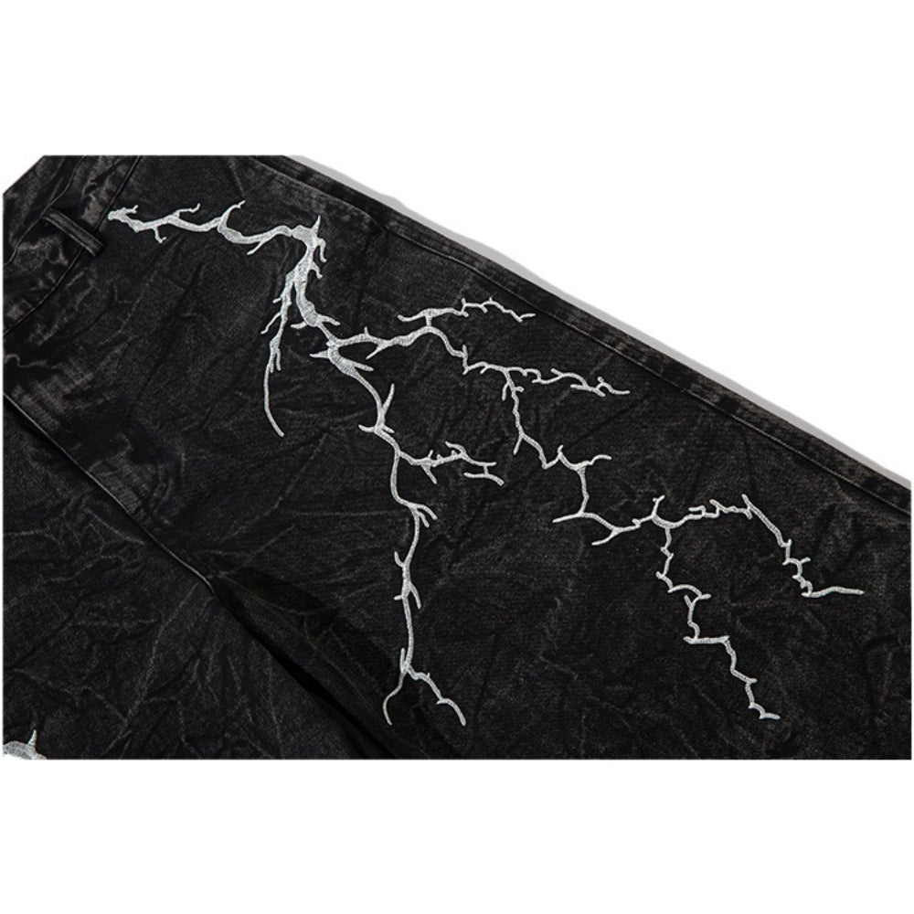 Lightning Embroidered Straight Leg Jeans - Thrashink