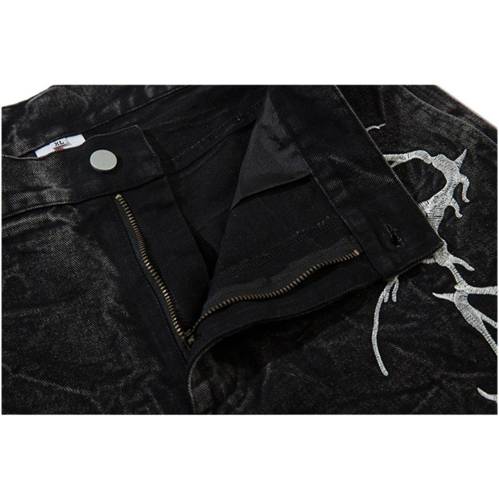 Lightning Embroidered Straight Leg Jeans - Thrashink