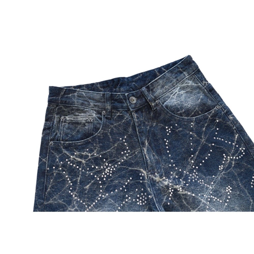 Lightning Pattern Rhinestone Wide - Leg Jeans - Thrashink