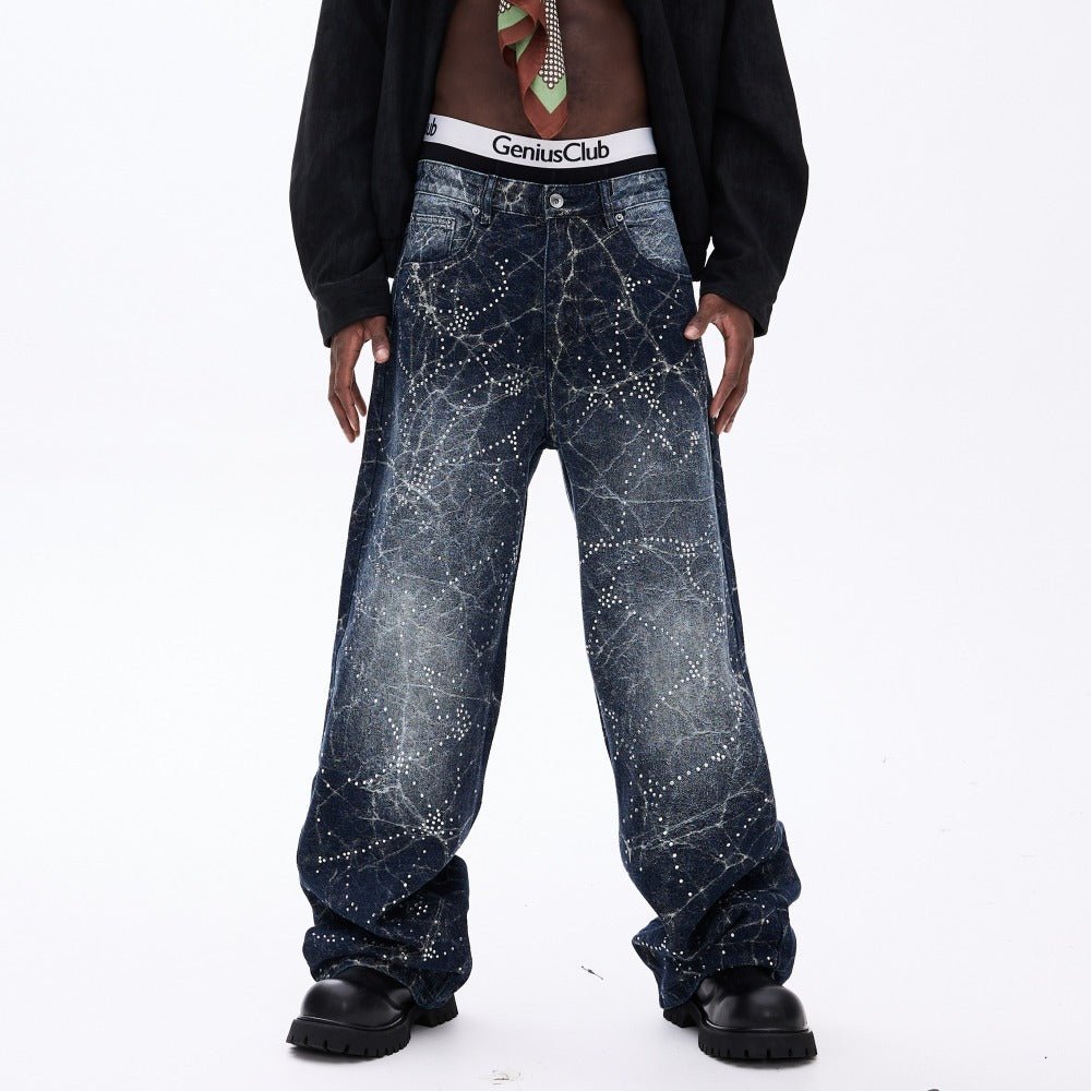 Lightning Pattern Rhinestone Wide - Leg Jeans - Thrashink