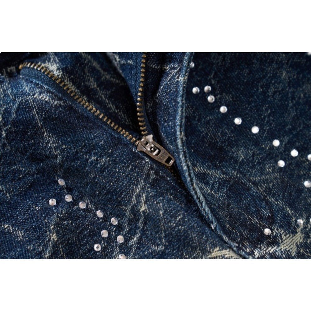 Lightning Pattern Rhinestone Wide - Leg Jeans - Thrashink