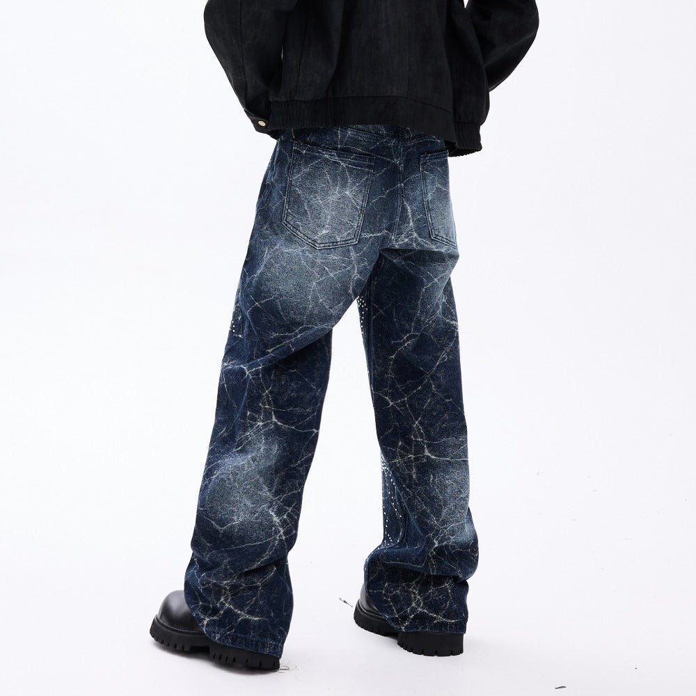 Lightning Pattern Rhinestone Wide - Leg Jeans - Thrashink