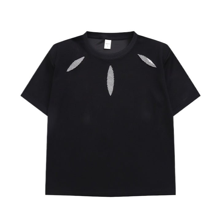 Mesh Hollow Shoulder Pad T-Shirt - Thrashink