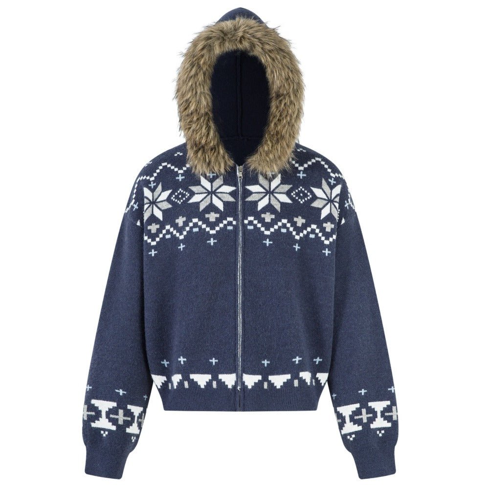 Nordic Fair Isle Christmas Faux Fur Hoodie - Thrashink