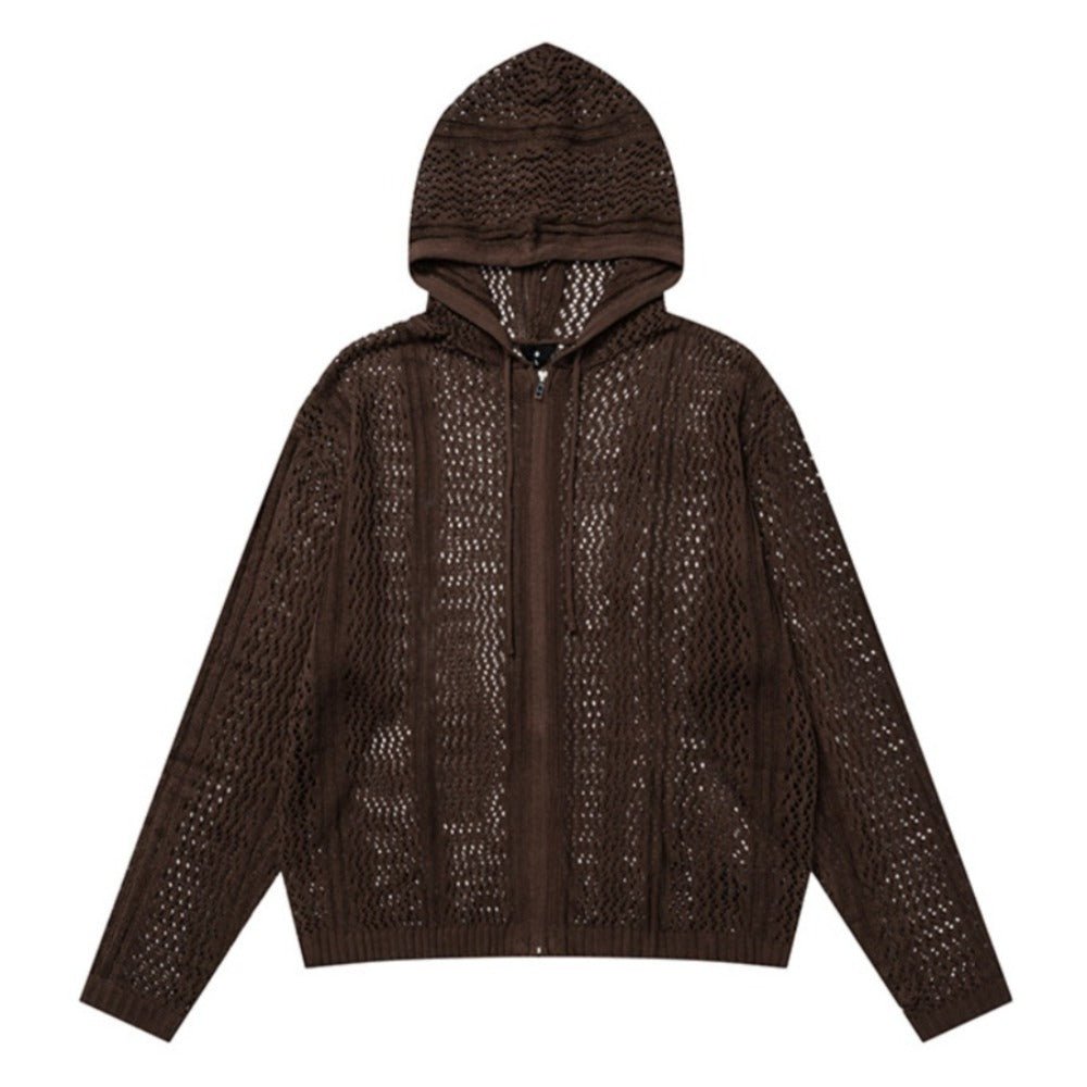 Openwork Knitted Zip - Up Hoodie - Thrashink