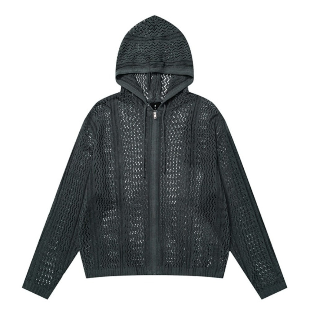Openwork Knitted Zip - Up Hoodie - Thrashink