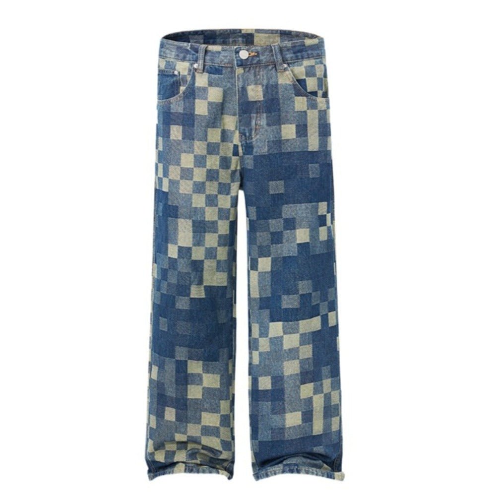 Paneled Checkerboard Jeans - Thrashink