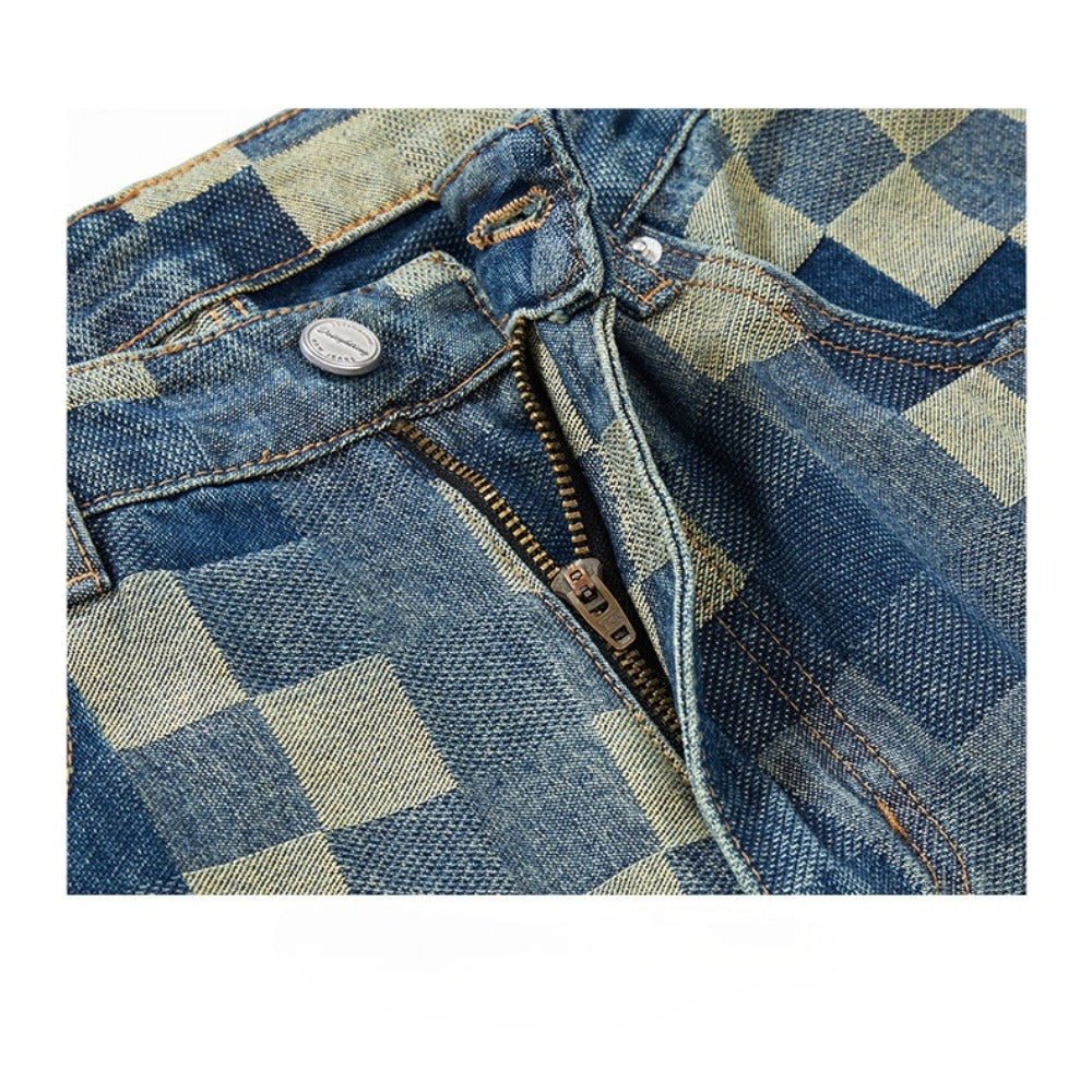 Paneled Checkerboard Jeans - Thrashink