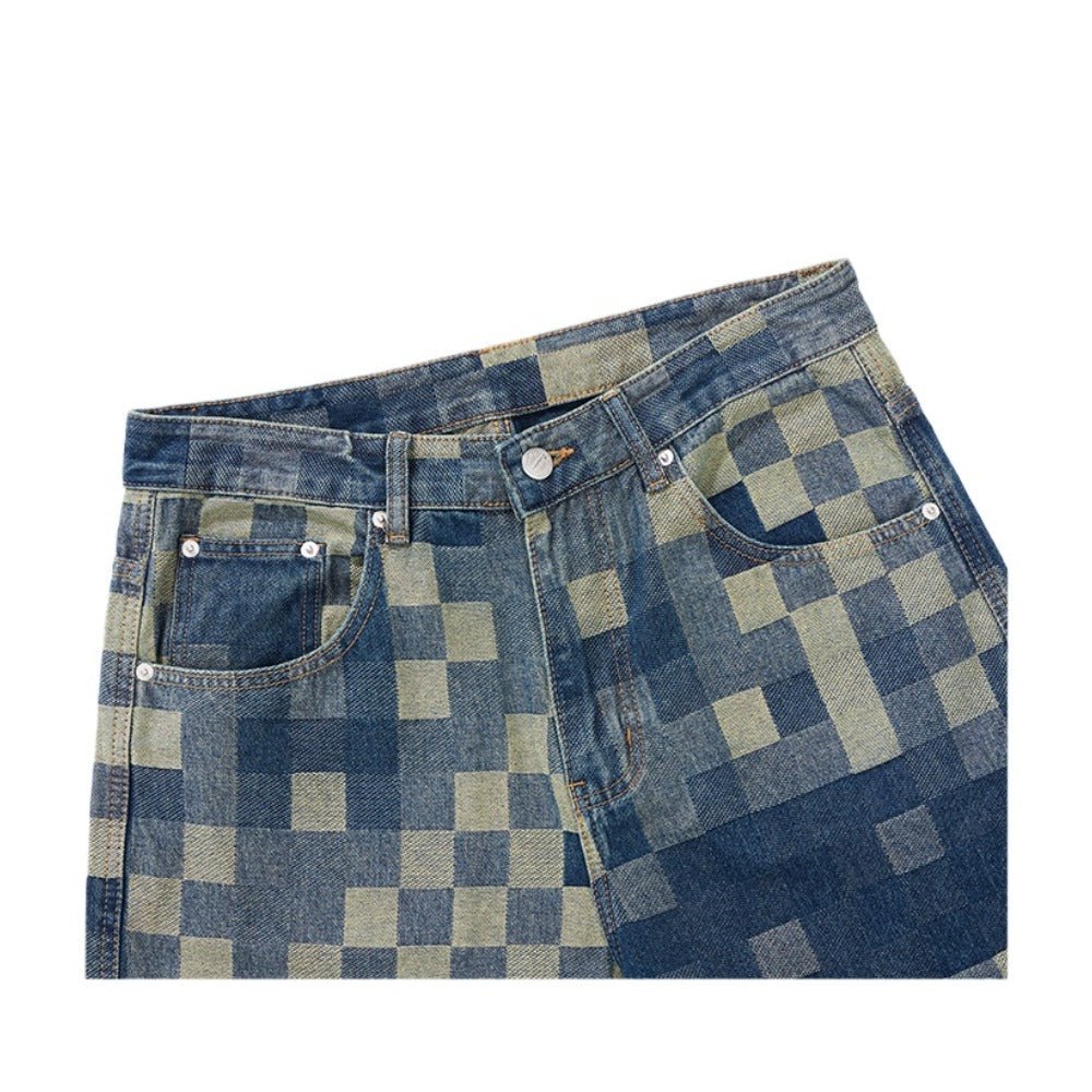 Paneled Checkerboard Jeans - Thrashink
