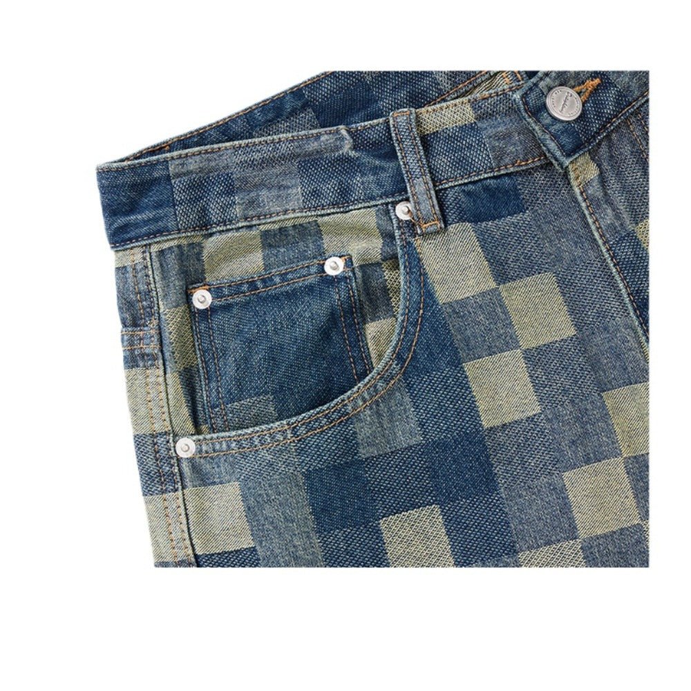 Paneled Checkerboard Jeans - Thrashink