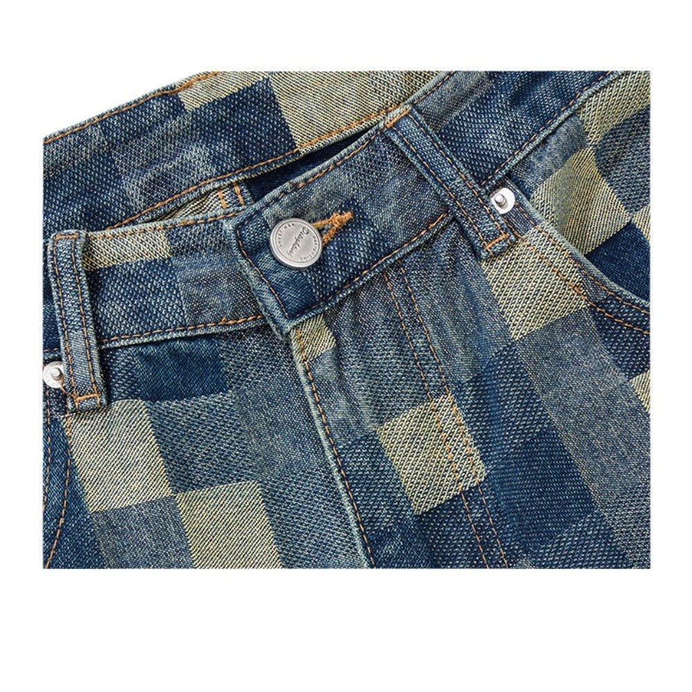 Paneled Checkerboard Jeans - Thrashink