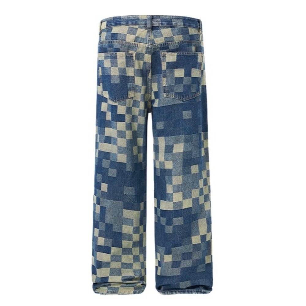 Paneled Checkerboard Jeans - Thrashink