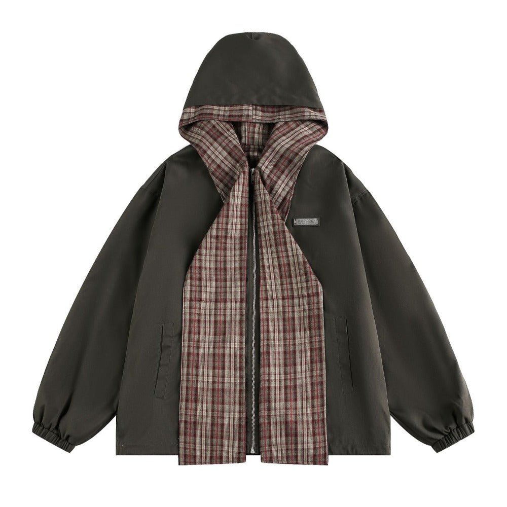 Paneled Plaid Scarf Hooded Jacket - Thrashink