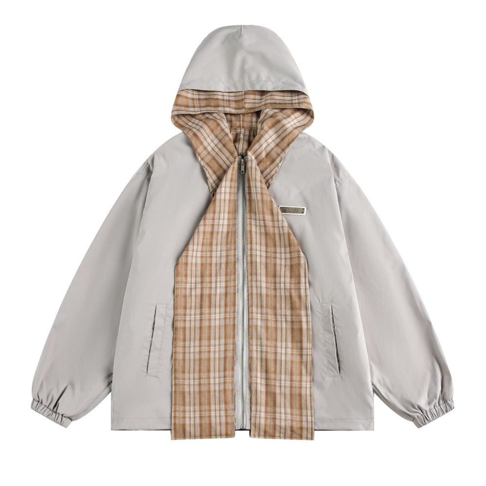 Paneled Plaid Scarf Hooded Jacket - Thrashink