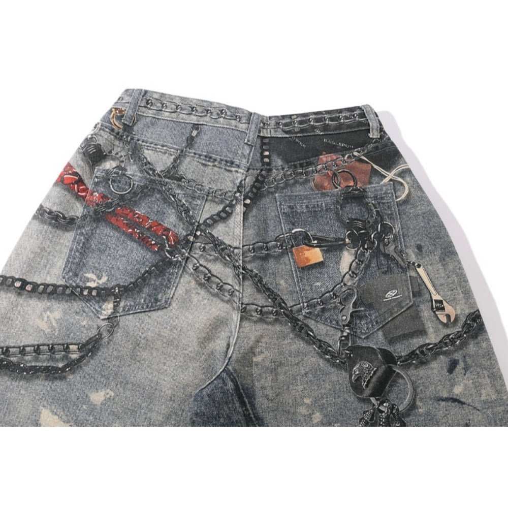 Pants Chain Print Distressed Jeans - Thrashink