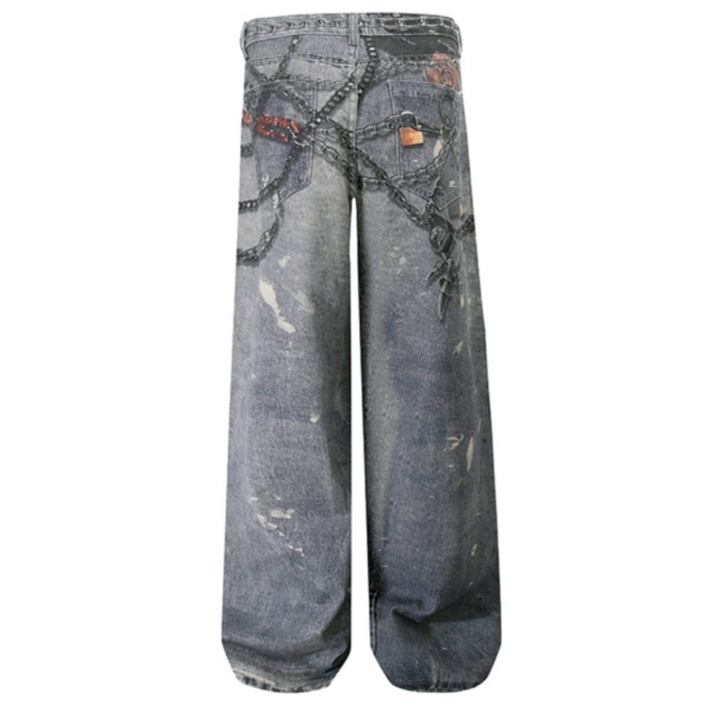 Pants Chain Print Distressed Jeans - Thrashink