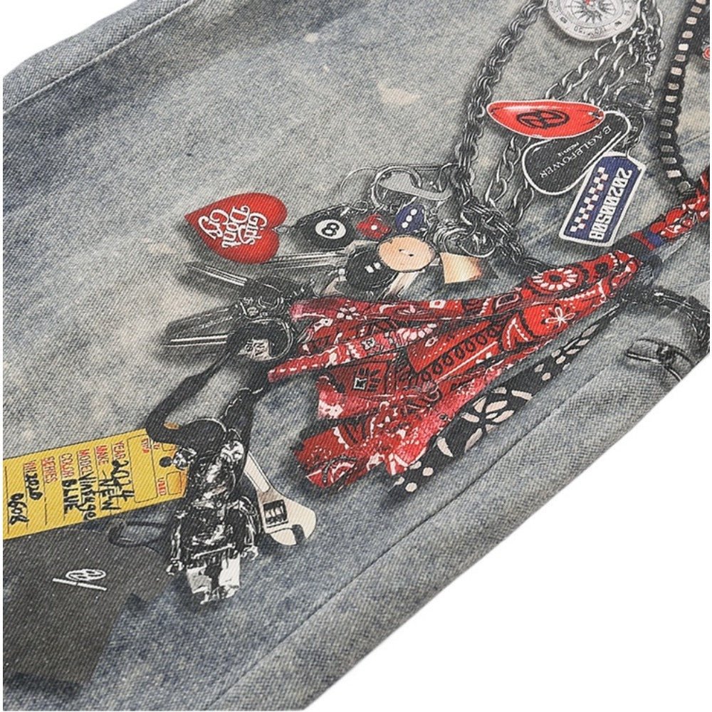 Pants Chain Print Distressed Jeans - Thrashink