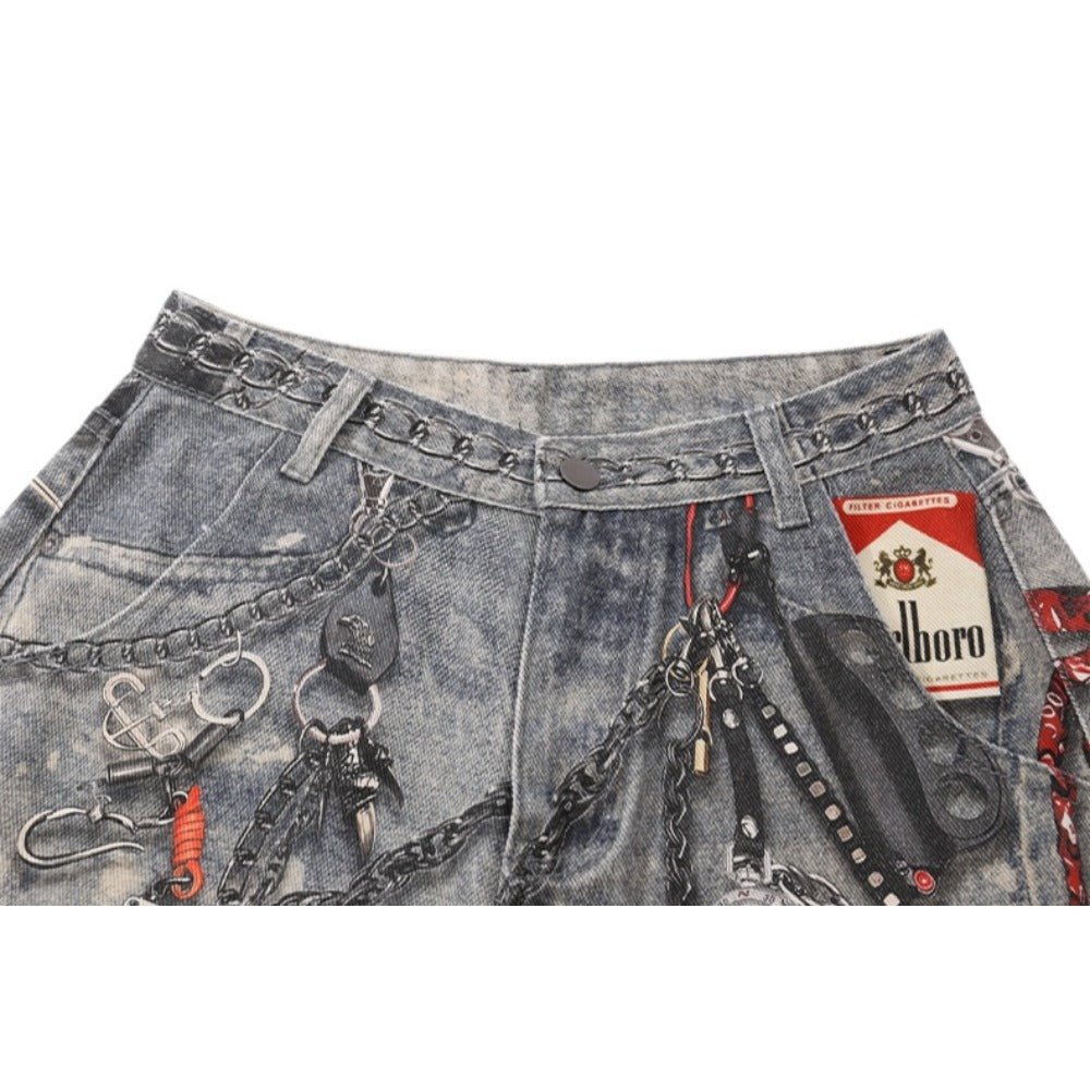 Pants Chain Print Distressed Jeans - Thrashink