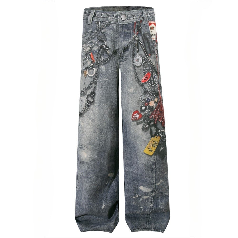 Pants Chain Print Distressed Jeans - Thrashink